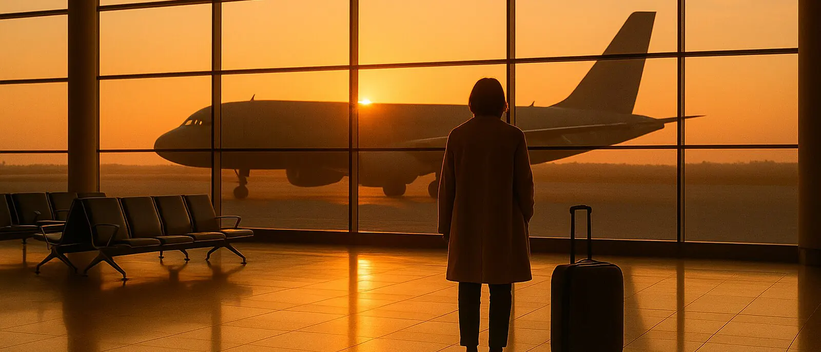 Área de embarque de aeroporto ao amanhecer, com luz âmbar entrando pela parede de vidro e um viajante de costas ao lado da mala