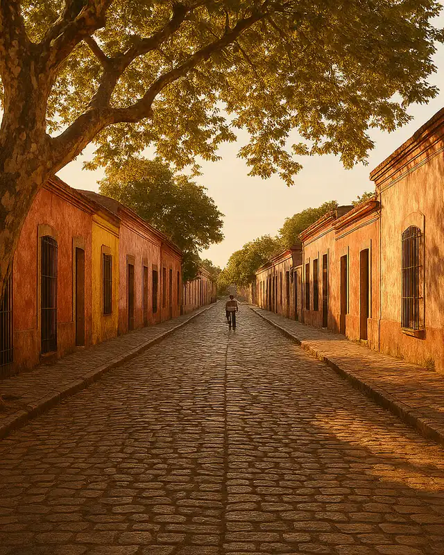 Rua colonial sul-americana com fachadas pintadas em ocre e vermelho, calçada de pedra e árvore projetando sombra