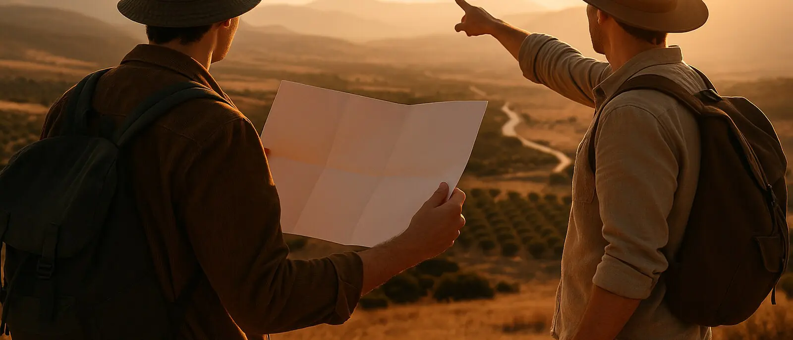 Dois viajantes de costas em um mirante, um deles segurando um mapa de papel aberto, com vale dourado ao fundo