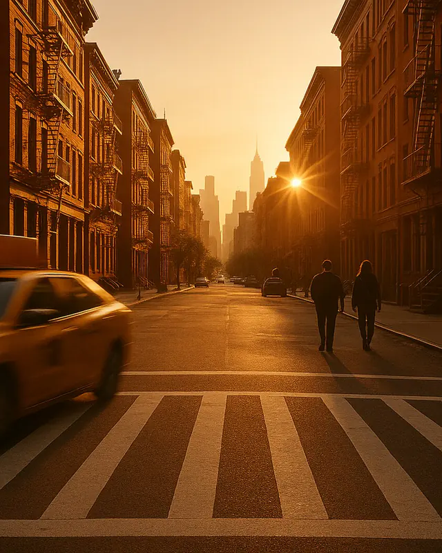 Avenida de uma cidade norte-americana com prédios de tijolo e escadas de incêndio, iluminada pelo sol baixo