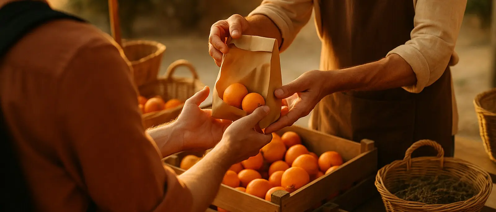 Barraca de mercado ao ar livre com caixas de frutas em tons quentes e mãos de viajante recebendo uma compra