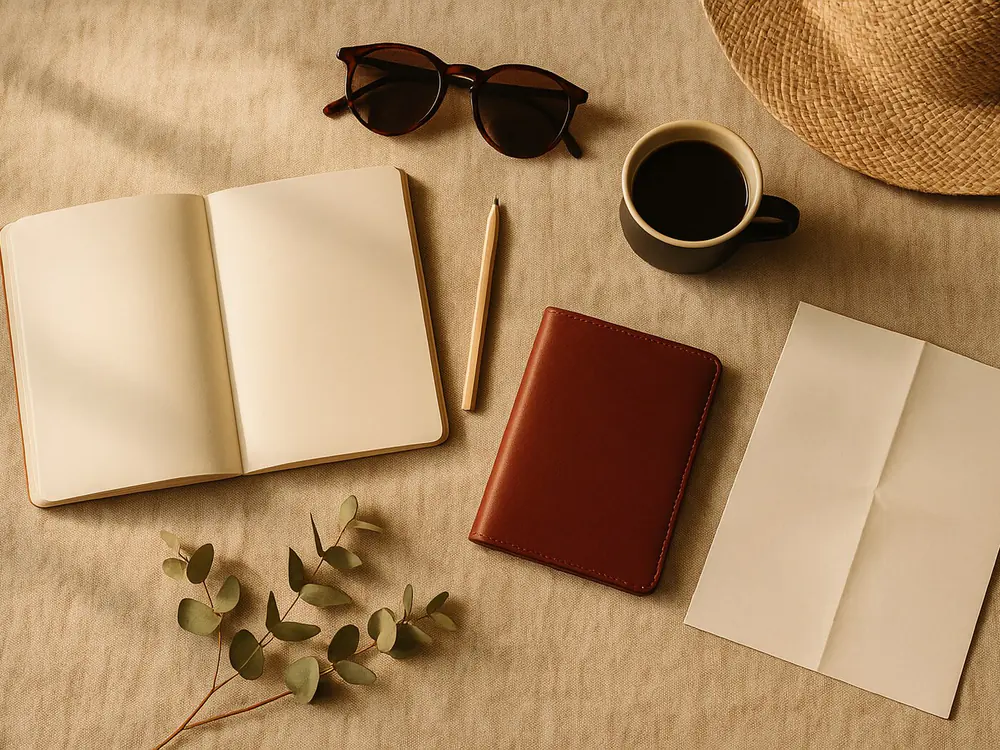 Mesa de planejamento de viagem com caderno aberto, chapéu de palha, óculos de sol e xícara de café sobre toalha de linho